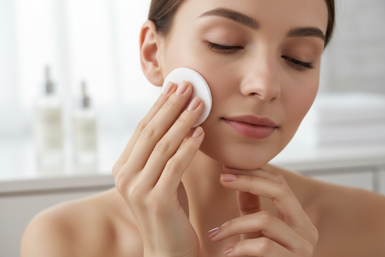 femme se passant un coton sur le visage de pret