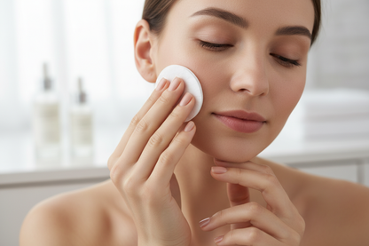 femme se passant un coton sur le visage de pret 