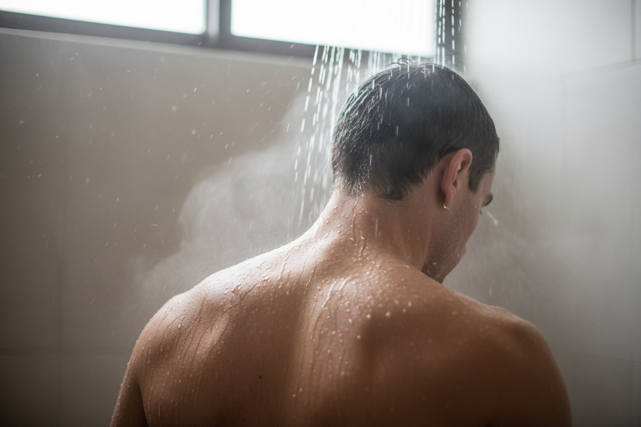 homme de dos dans la douche de près