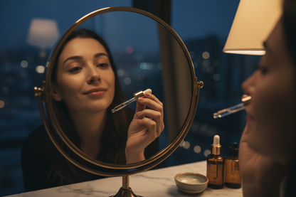 un visage de femme de pret daans un miroir dans la nuit avec une pipette de liquide transparent a la main 