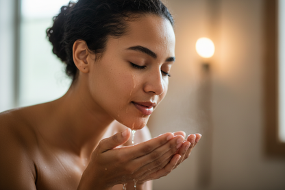 une femme metis qui se lave le visade de tres pret