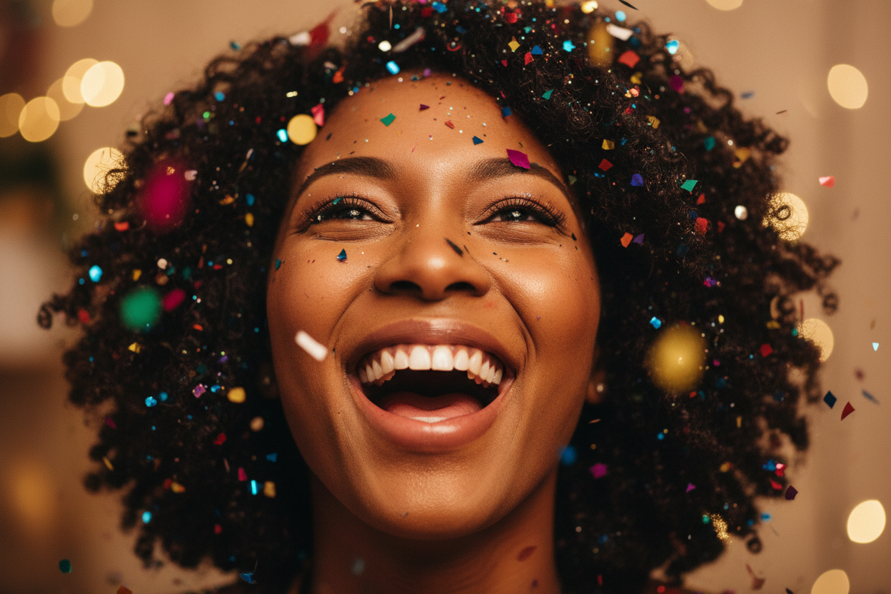 une femme noire avec des confettis vue de près 